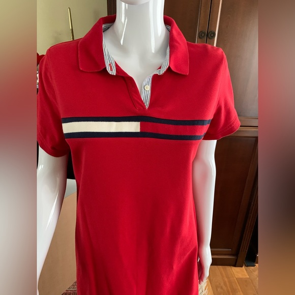 Tommy Hilfiger red cotton T-shirt dress at knee logo color blocks over chest - Picture 2 of 11